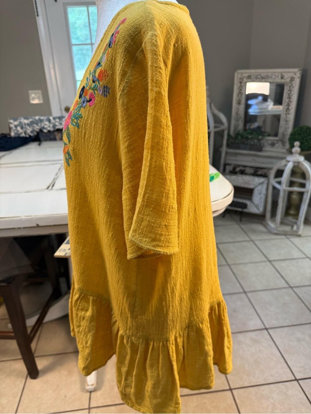 Jodifl Mustard Yellow Embroidered Boho Ruffle Tunic Top – Size Large - Picture 7 of 13